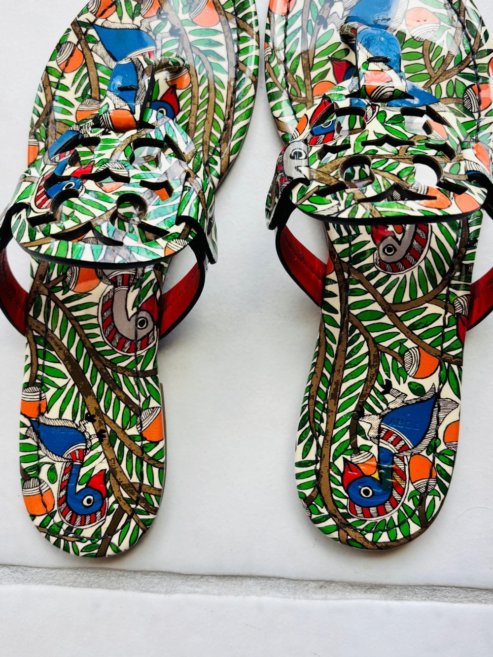 Tory Burch Multicolor Leaf & Bird Printed Leather Sandals
